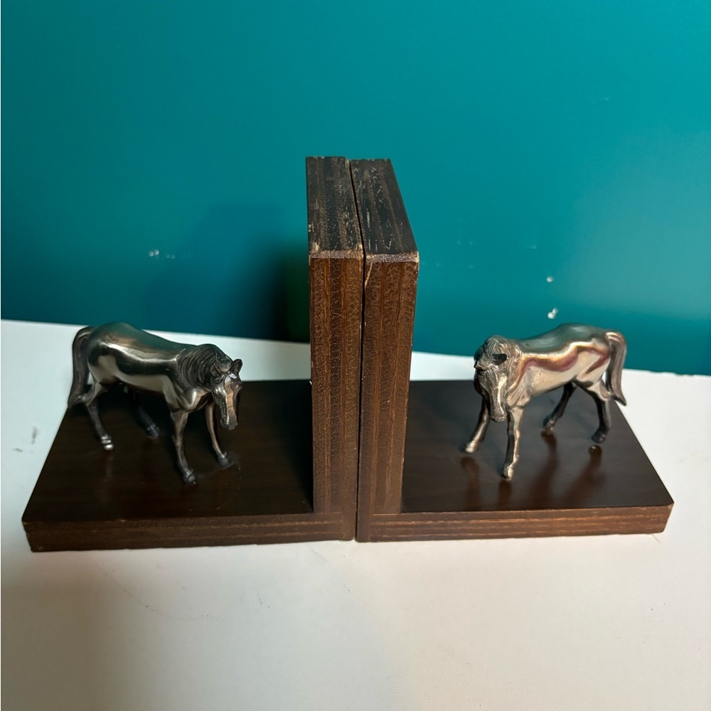 Wooden Base With Metallic Horse Bookends